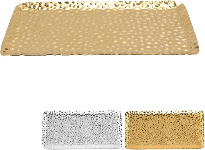 2PCS Stainless Steel Tray, Silver Tray Decorative Hammered Tray Stainless Serving Tray for Home Kitchen Bathroom Counter Organizer(gold)