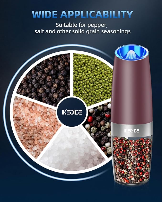 XinXu Gravity Electric Pepper Grinder, Salt or Pepper Mills & Adjustable Coarseness, with LED Light, One Hand Automatic Operation -Set/RoseRed