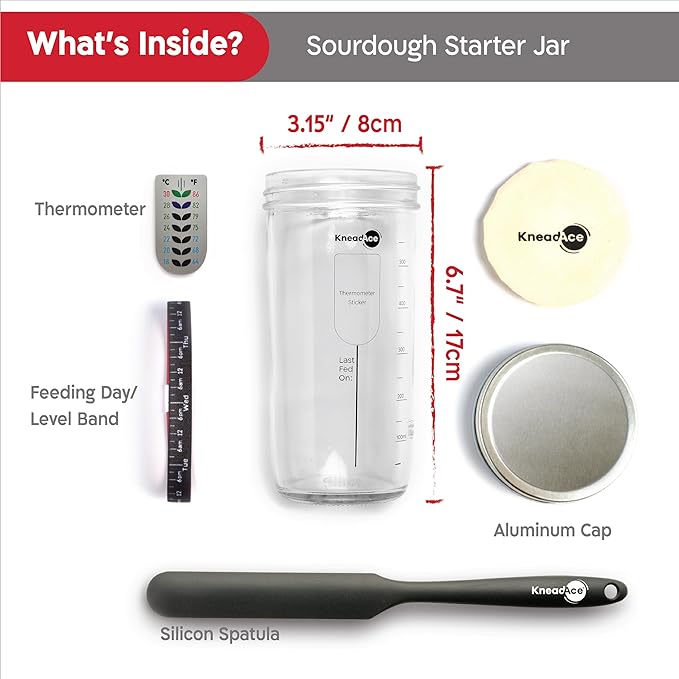KneadAce Sourdough Starter Jar With Date Marked Feeding Band, Thermometer, Sourdough Jar Scraper, Sourdough Container Sewn Cloth Cover & Metal Lid, Sourdough Starter Kit