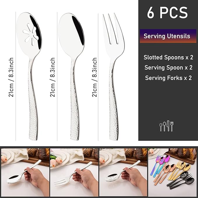 6 PCS Hammered Serving Utensils, Uniturcky Stainless Steel Serving Spoons Set, Square and Thick Hostess Serving Set, Includes 2 Serving Spoon 2 Serving Fork and 2 Slotted Spoon, Mirror Silver