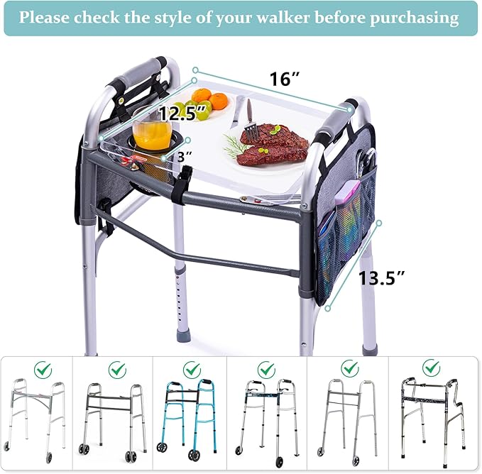 BAGSFY Clear View Walker Tray with Cup Holder & Side Pockets, Transparent Folding Walker Table for Seniors, 8.8lbs Load-Bearing Sturdy PP Tray, Universal Fit Walker Accessory for Elderly