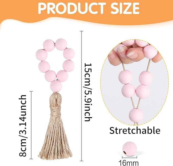 Meplait Wooden Bead Napkin Rings, Farmhouse Stretchable Napkin Rings with Tassel Boho Design for Dining Table & Wedding Decoration (Pink)