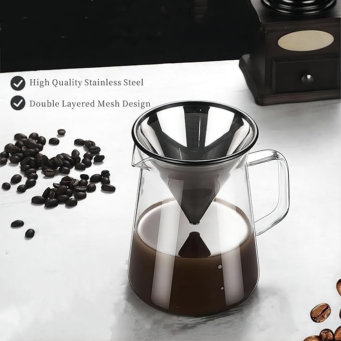 Pour Over Coffee Dripper, Paperless Stainless Steel Coffee Filter Reusable Cone Coffee Maker for Home Cafe