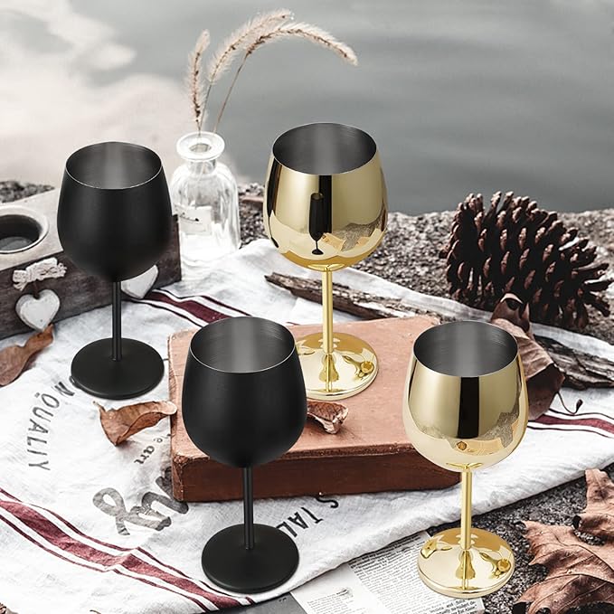 Lifecapido Stainless Steel Wine Glasses Set of 4, 18oz Stainless Steel Wine Goblets, Metal Wine Glasses with Cup Brush for Party Office Wedding Anniversary, Great for Red White Wine, Gold and Black