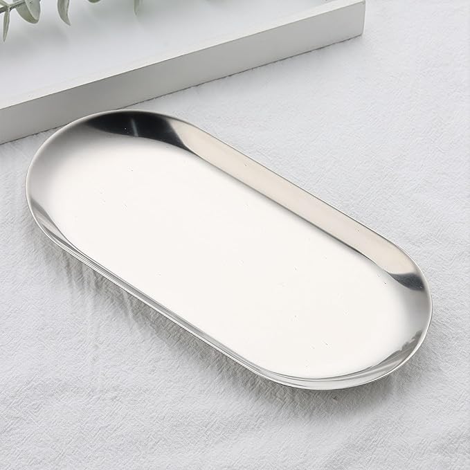 2 Pack Stainless Steel Silver Decorative Tray, Small Oval Perfume Jewelry Candle Dish, Dinner Macarons Dessert Plate for Home Entry Decor Bathroom Kitchen Storage