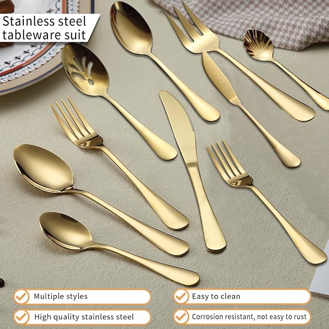 Kyraton Gold Silverware Set 45 Pieces Service for 8,Titanium Golden Plating Flatware Sets Cutlery Set, Spoons and Forks Silverware Dishwasher Safe, First Apartment Must Haves Utensils Set