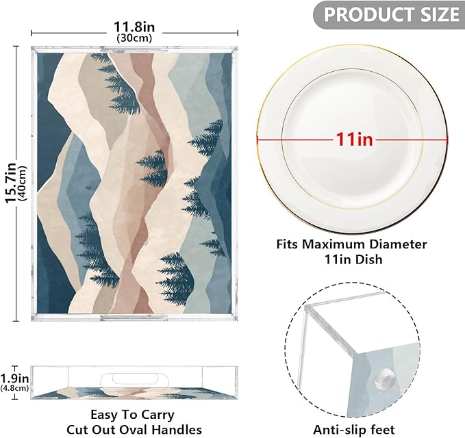 Serving Tray with Handles Clear Acrylic Tray 12x16 Inch Decorative Rectangular Tray Organizer for Ottoman Coffee Table Bathroom Mountain Landscape Trees
