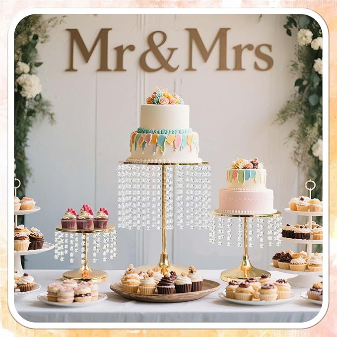 Metal Mirror Cake Stand Set with Crystal Pendants - Elegant Dessert Table Display for Weddings, Birthday Parties, Baby Showers, Events - Sturdy Crystal Bling Cupcake Stands for Pastries, Sweets, Decorations (Gold, Set of 6)