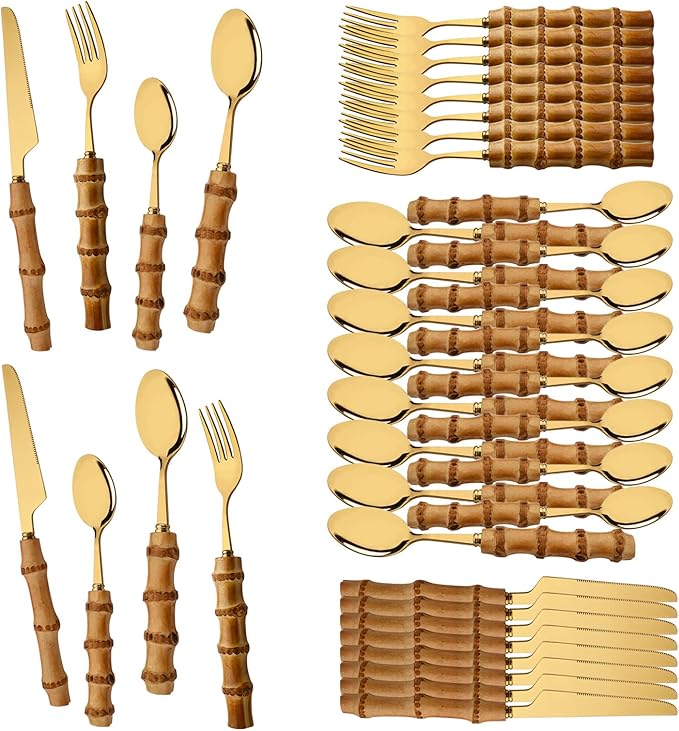 40 Pcs Bamboo Handle Cutlery Sets, Natural Bamboo Flatware Set for 10, Gold Stainless Steel Silverware Set for Home Party Restaurant, Handcrafted Eating Utensils, Include Knife Fork Spoon