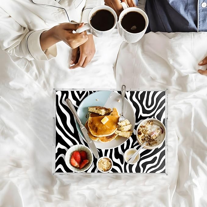 Serving Tray with Handles Clear Acrylic Tray 12x16 Inch Decorative Rectangular Tray Organizer for Ottoman Coffee Table Bathroom White Black Zebra Print