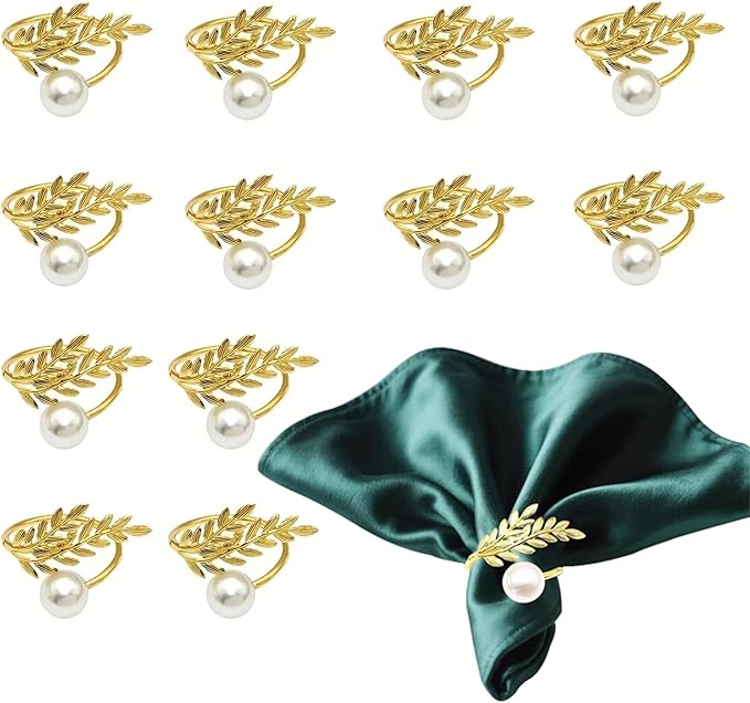 Gold Pearl Napkin Rings Bulk Set of 12 Napkin Ring Holder for Christmas Thanksgiving Wedding Party Easter Dinner Dinner Table Decorations