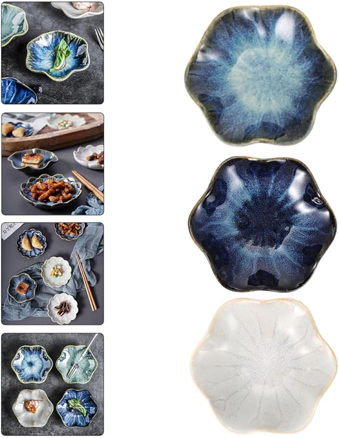 3pcs Ceramic Sauce Dipping Plates Set, Assorted Blue Gradient, Vintage White Natural Straw Colors, Small Lotus Leaf-shaped Appetizer Serving Dishes for Kitchen and Random Color