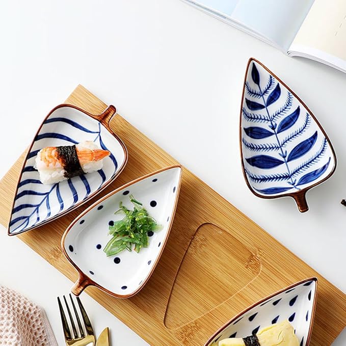 Creative Japanese Style Hand-painted Ceramic Appetizer Plates Set of 3 with Leaf, Water Grass, and Raindrop Designs – Small Serving Dishes for Sauces, Nuts, and Fruit Random Color