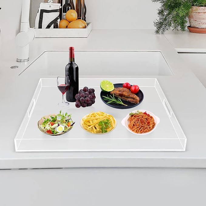 Clear Large Acrylic Round Serving Tray Decorative Trays Countertop Organizer Desserts Coffee Serving Tray with Handles,Spill Proof,for Desk,Nightstand, Sidetable(23.62")