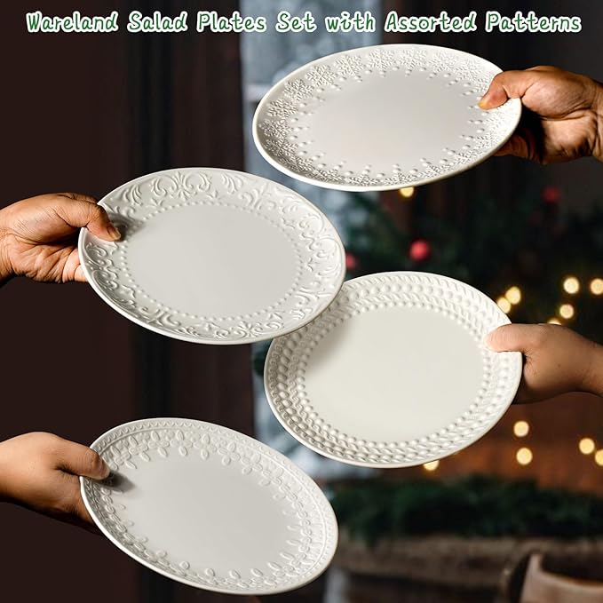 Salad Plates Set of 4 - 8.25 Inch Ceramic Embossed Appetizer and Dessert Plates, Modern White Small Dinner Set for Kitchen - Microwave, Oven and Dishwasher Safe (Brocade Flower)