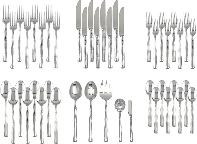 UPware 45-Piece Bamboo Shaped Flatware Set, 18/8 Stainless Steel Silverware Cutlery Set, Service for 8 with Serving Set, Mirror Polished, Dishwasher Safe (Bamboo)