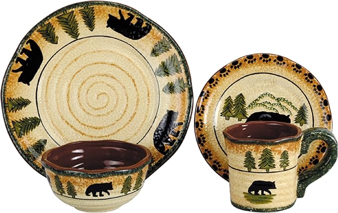 Paseo Road Rustic Bear 16 Piece Ceramic Dinnerware Set with Plates, Bowls and Mugs, Rustic Cabin Lodge Style