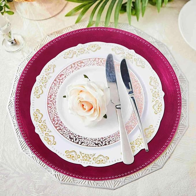 13" Charger Plates -Set of 24 - Acrylic Hot Pink Round Beaded Disposable Chargers, Ideal for Dinner Party Wedding Bulk Events Tabletop Decoration