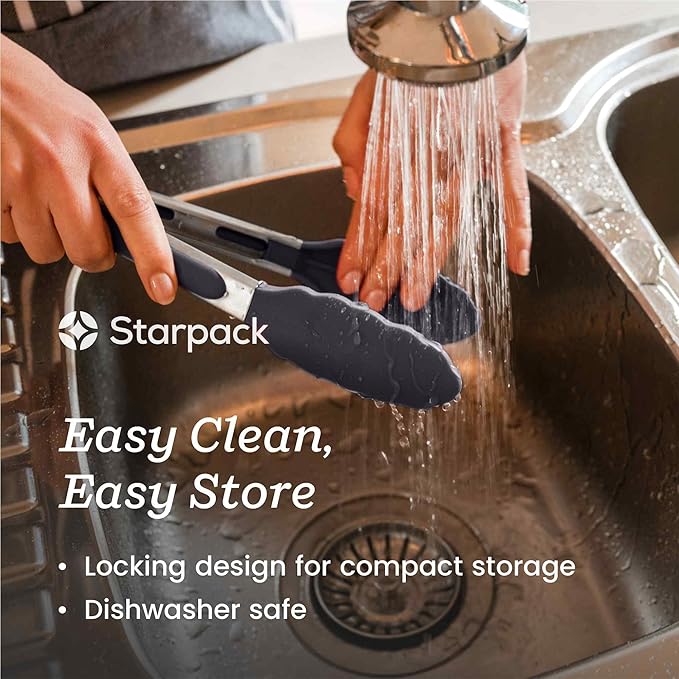 StarPack Premium Silicone Kitchen Tongs 9-Inch - Stainless Steel with Non-Stick Silicone Tips, High Heat Resistant to 600°F, For Cooking, Serving, Grill, BBQ & Salad (Stormy Grey)