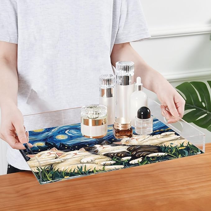 Serving Tray with Handles Clear Acrylic Tray 12x16 Inch Decorative Rectangular Tray Organizer for Ottoman Coffee Table Bathroom Starry Night Floral Ragdoll Cats Cartoon