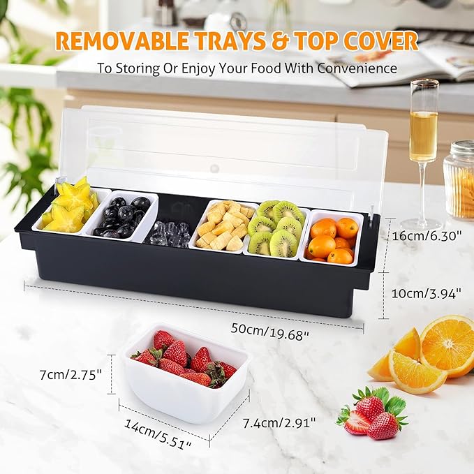 WICHEMI Fruit, Veggie & Condiment Caddy with Lid Dispenser Tray Plastic Garnish Station for Bartending & Serving Taco, Ice Cream, Salad Bar - Topping Organizer for Restaurant Supplies (6 Compartment)