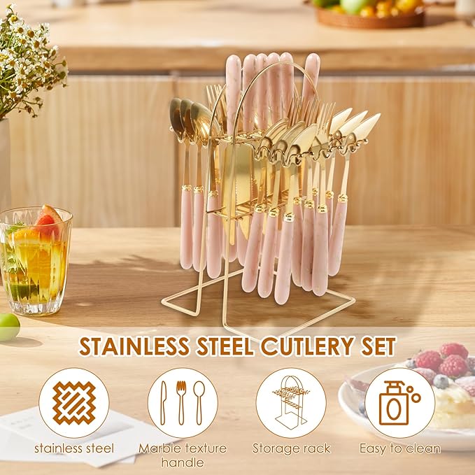 24 Pcs Silverware Set with Hanging Holder, Stainless Steel Flatware Set, Kitchen Utensil Tableware Set with Stainless Steel Knives and Forks and Spoons, Mirror Polished, Dishwasher Safe (Pink)