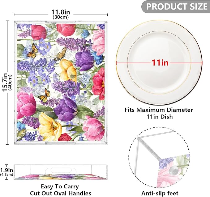 Serving Tray with Handles Clear Acrylic Tray 12x16 Inch Decorative Rectangular Tray Organizer for Ottoman Coffee Table Bathroom Tulips Lavenders Purple Butterfly