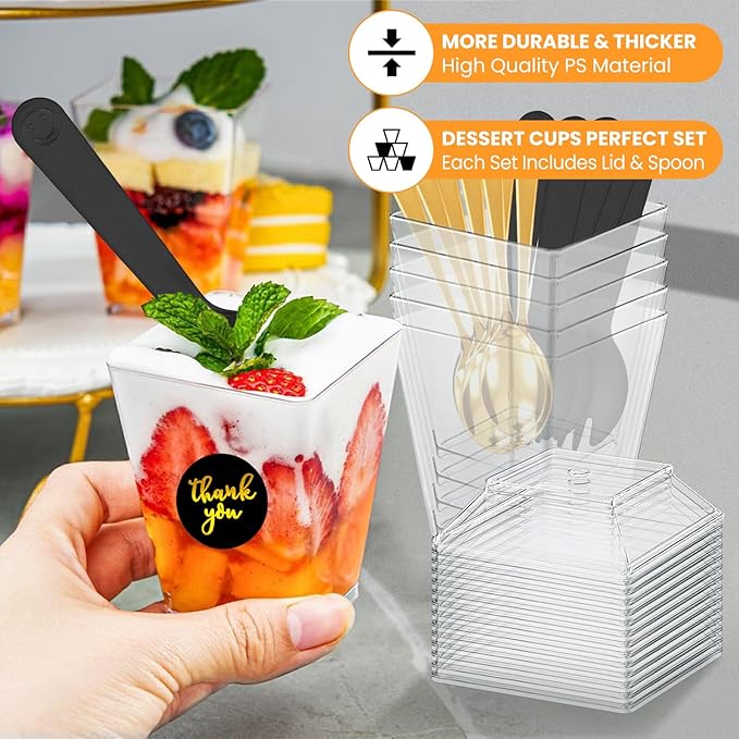 380 Pcs 5oz Clear Plastic Dessert Cups with Lids & Spoons – BPA-Free Appetizer & Parfait Cups for Pudding, Mousse, Jello, Yogurt – Includes 20 Bonus Forks