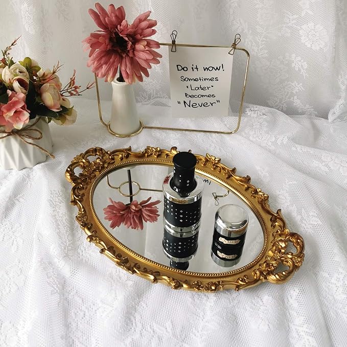 Hamphinee Oval Floral Wall Mirror Tray, Dresser Organizer Tray, Decorative Perfume Mirror Tray, Serving Tray, 9.8"x 14.6", Gold