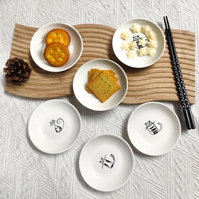 Cute Cat Ceramic Kitten Plates, 4 Inch Cat Bowls, Appetizer & Dessert Sauce Dishes, Small Seasoning & Serving Dish Set of 6