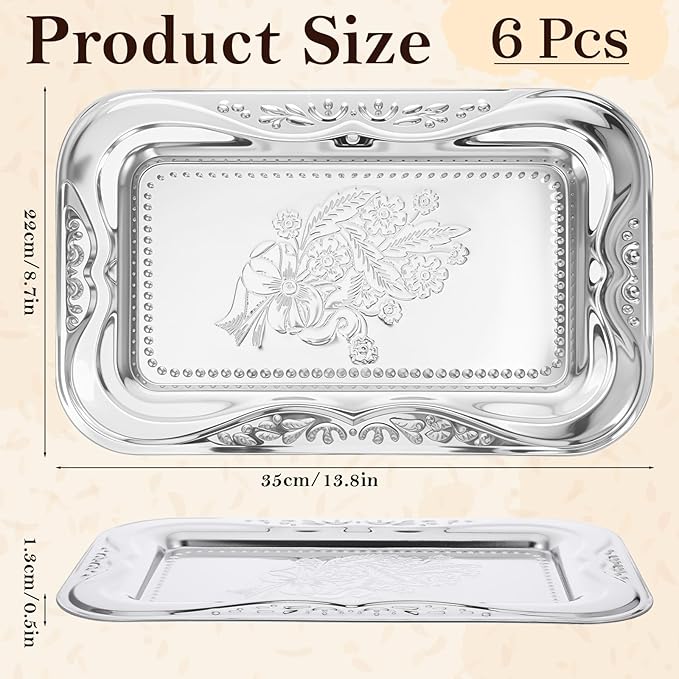 6 Packs Silver Serving Trays, 13.8" x 8.7" Bow Floral Engraved Mirror Decorative Tray, Stainless Steel Trinket Tray, Retro Vintage Embossing Rectangle Reusable Party Platters, for Tea Coffee Fruit Des