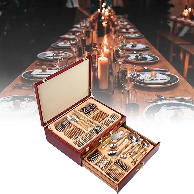 72/84 PCS Luxury Flatware Set, in a Flatware Organizer for Drawer, Silverware Flatware Serving Set for 12 with Gold Accents for Formal Events, Parties(A,84pcs)