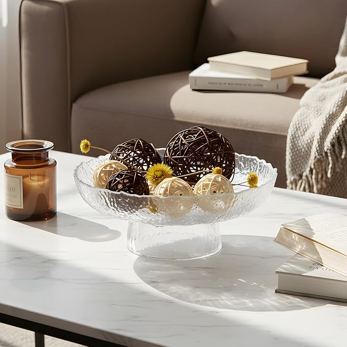 Large Glass Fruit Bowl for Kitchen Counter Decorative Centerpiece Bowl for Table Home Déco, Clear Hammered