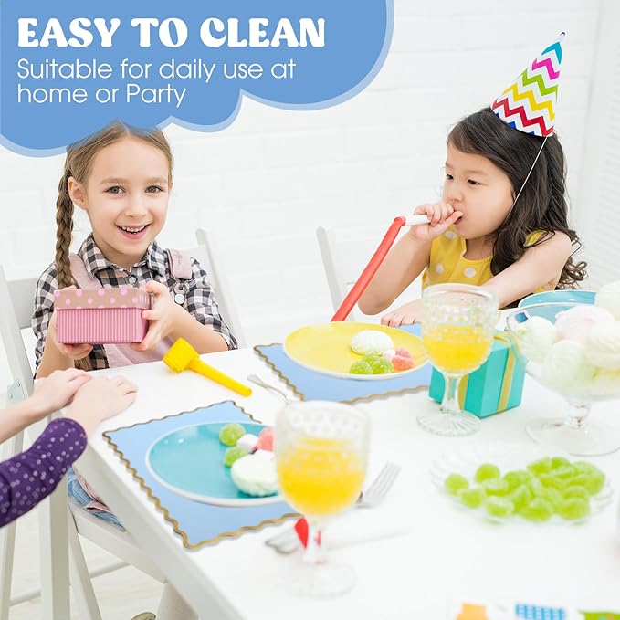 150 Pcs Disposable Paper Placemats Bulk 10"x14" Rectangle Place Mats with Scalloped Edges Dining Table Mat for Wedding Birthday Easter Party Table Decoration(Baby Blue)