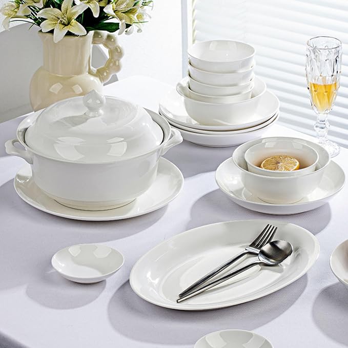 White Ceramic Dinnerware Set: Plates & Bowls for Kitchen, Microwave & Dishwasher Safe Dishes Collection (60pcs)