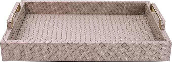 Decorative Serving Tray for Coffee Table, 16"x12" Large Rectangular Ottoman Tray with Gold Handles Faux Leather Serving Trays for Home Decor Living Room, Kitchen and Bedroom -Tan