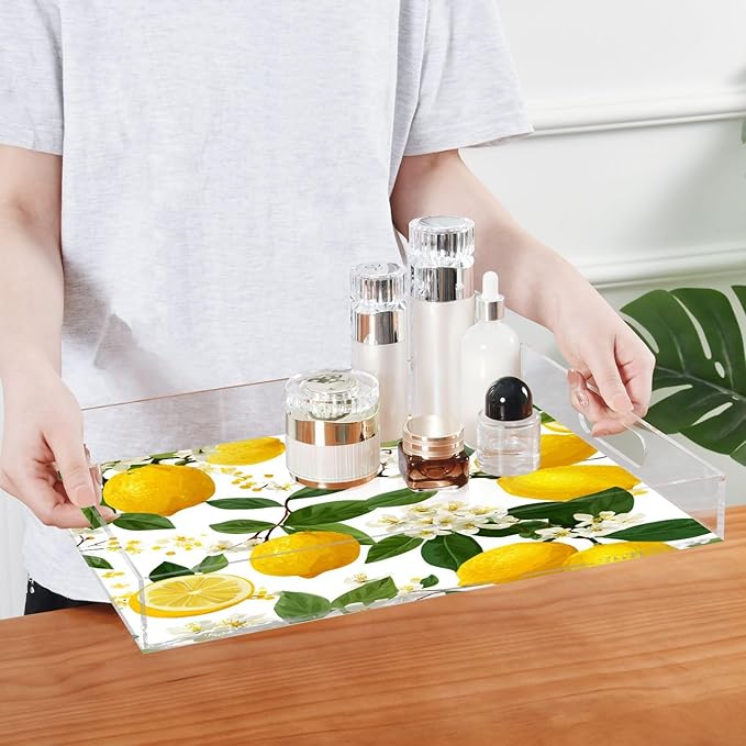 Serving Tray with Handles Clear Acrylic Tray 12x16 Inch Decorative Rectangular Tray Organizer for Ottoman Coffee Table Bathroom Yellow Lemon Flowers