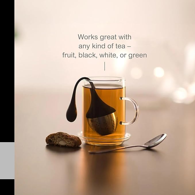 AdHoc Hangtea Infuser Black - Tea Infuser Kitchen Accessory - Dishwasher-Safe Metal Strainer for Fruit & Other Teas - Stainless Steel Diffuser with Silicone Arm - Essential Filter for Tea