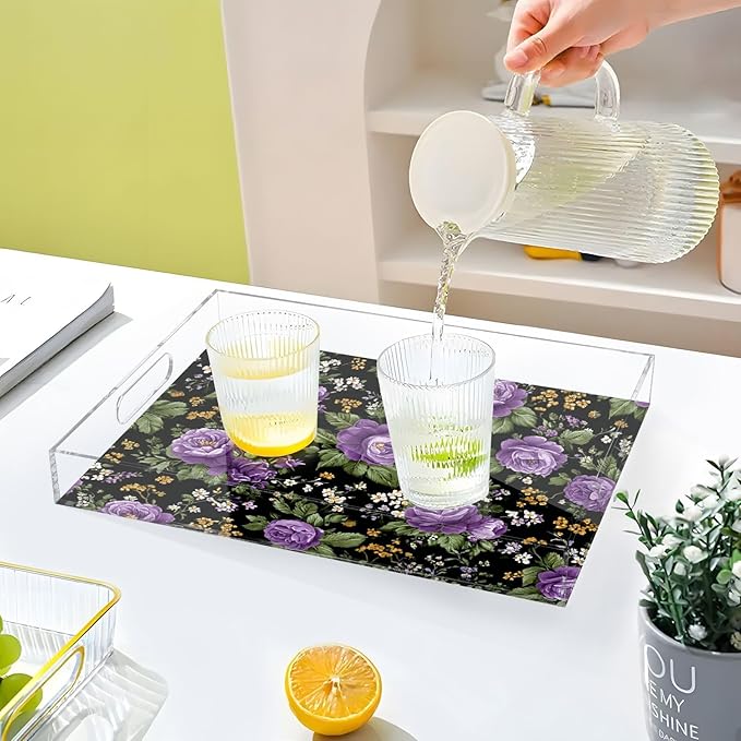 Serving Tray with Handles Clear Acrylic Tray 12x16 Inch Decorative Rectangular Tray Organizer for Ottoman Coffee Table Bathroom Vintage Floral Purple Roses