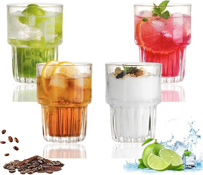 Scidea 11oz Drinking Glasses Set of 4, Juice Glasses Stackable Tall Glass Mugs for Tea Iced latte Coffee Glass, Beer Glasses, Cocktail Glasses,Water glasses for bar, restaurant