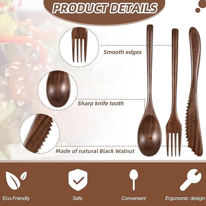 Geiserailie 12 Pcs Wooden Utensils for Eating Set Wooden Spoon Fork Knife Cutlery Set Kitchen Wood Utensils Dinner Flatware Tableware (Walnut Wood)
