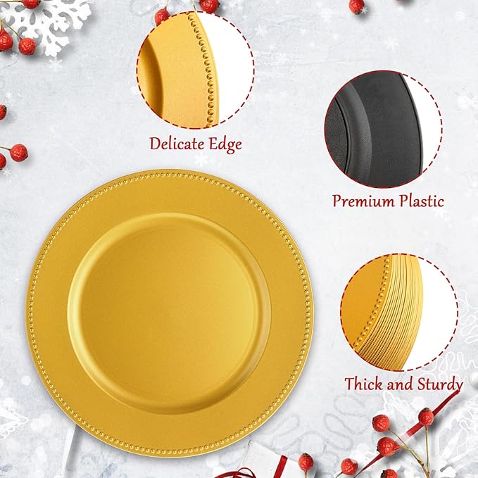 Dandat 50 Pack 13 Inch Charger Plates Plastic Round Dinner Plate with Beaded Rim Reusable Charger Service Plates Reliable Chargers for Wedding Party Dinner Table Decoration(Gold,Classic)
