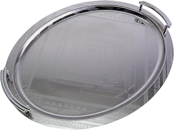 16.9 inch x 13.3 inch Oblong Chrome Plated Serving Tray with Handles Stylish Design Floral Engraved Edge Decorative Party Wedding Dessert Buffet Wine Platter Plate Gift Base NC-097