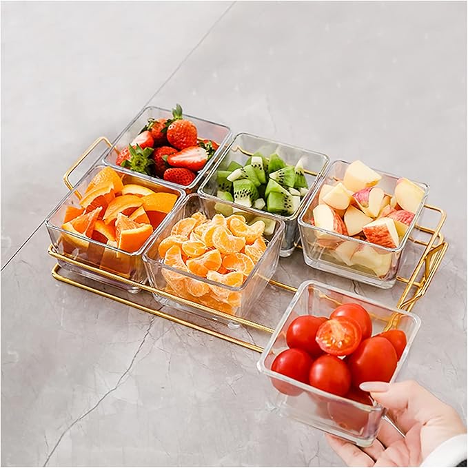 6 Clear Glass Serving Bowls Set with Gold Metal Rack Tray, Removable Condiment Dishes Serving Bowls Buffet Server Food Display Relish Tray for Fruit Dessert Appetizer Nuts Snacks Candy Chip Dip Bowl