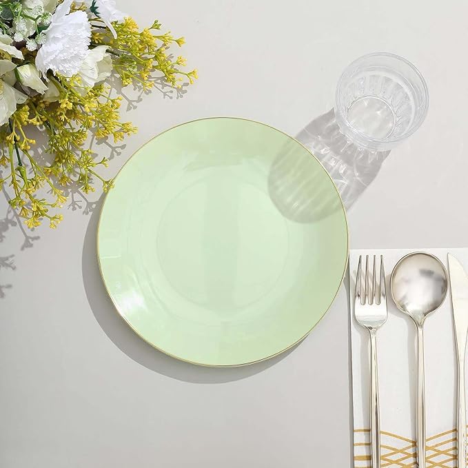 Efavormart 10 Pack | 8" Glossy Sage Green Round Plastic Dinner Plates With Gold Rim, Disposable Party Plates