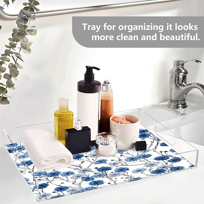 Serving Tray with Handles Clear Acrylic Tray 12x16 Inch Decorative Rectangular Tray Organizer for Ottoman Coffee Table Bathroom Washable Chinese Style Cornflower