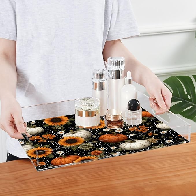 Serving Tray with Handles Clear Acrylic Tray 12x16 Inch Decorative Rectangular Tray Organizer for Ottoman Coffee Table Bathroom Black Dotty Pumpkins Sunflowers Daisy
