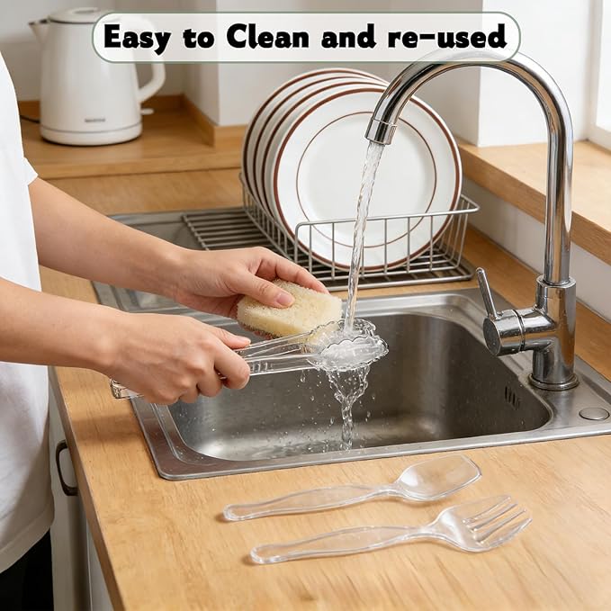24 Pcs Large Plastic Serving Utensils Set - Serving Tongs, Serving Forks, Serving Spoons - Heavy Duty Disposable Serving Utensils for Parties, Buffet, Catering Supplies (Clear, 24 Pcs)