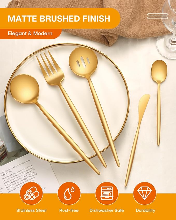EUIRIO 5PCS Large Serving Utensils Set, Matte Gold Hostess Flatware Serving Utensils, Heavy Duty Stainless Steel Serving Spoon, Slotted Spoon, Serving Fork, Sugar Spoon&Butter Knife, Dishwasher Safe
