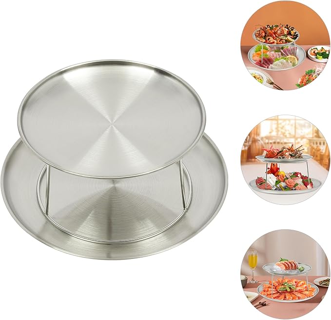 2 Tier Seafood Serving Tray, Silver Round Plate with Bracket for Lobster Shrimp Oysters Buffet Catering Events Shrimp Crab Veggie Serving Display